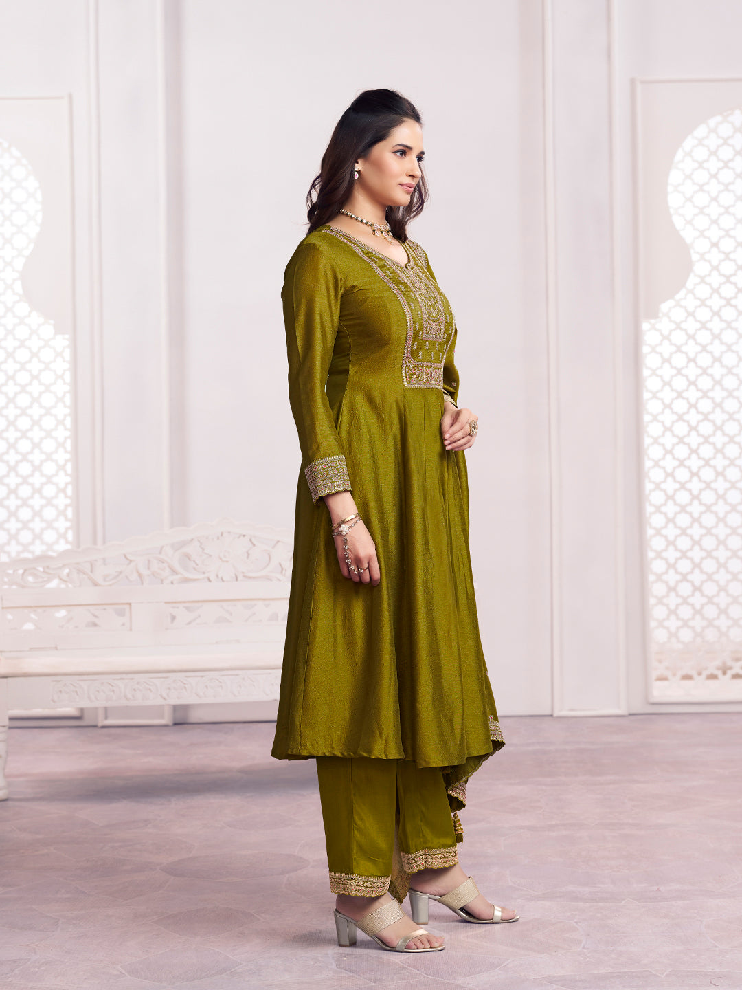 Olive Embroidery A-Line Kurta With Dyed Trousers And Embroidery Dupatta