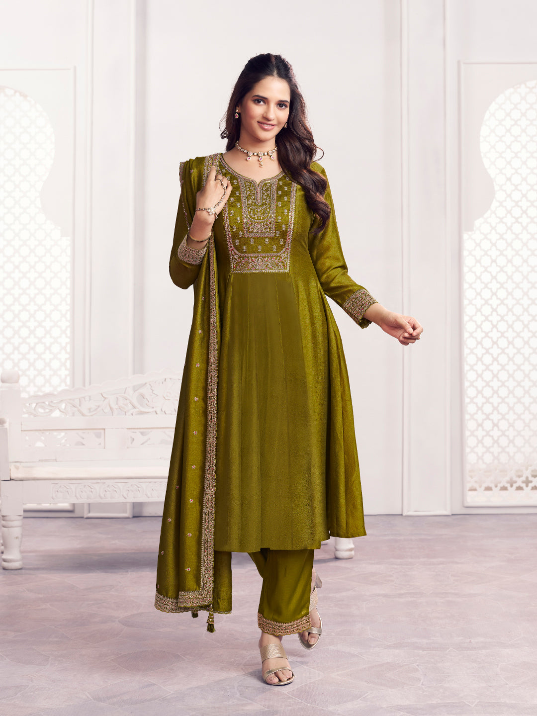 Olive Embroidery A-Line Kurta With Dyed Trousers And Embroidery Dupatta