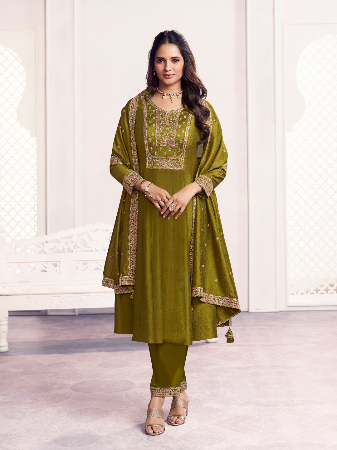 Olive Embroidery A-Line Kurta With Dyed Trousers And Embroidery Dupatta