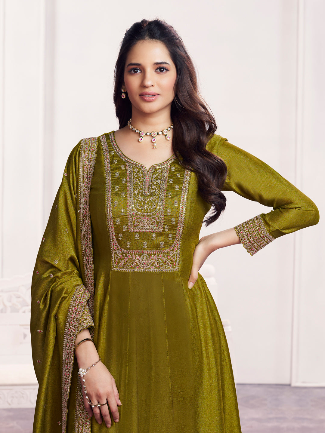 Olive Embroidery A-Line Kurta With Dyed Trousers And Embroidery Dupatta