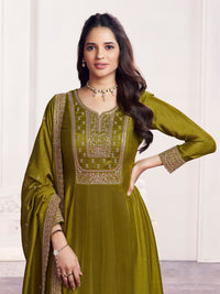 Olive Embroidery A-Line Kurta With Dyed Trousers And Embroidery Dupatta