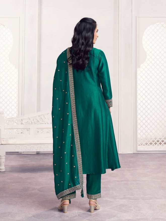 Green Embroidery A-Line Kurta With Mina Work And Dyed Trousers And Embroidery Dupatta
