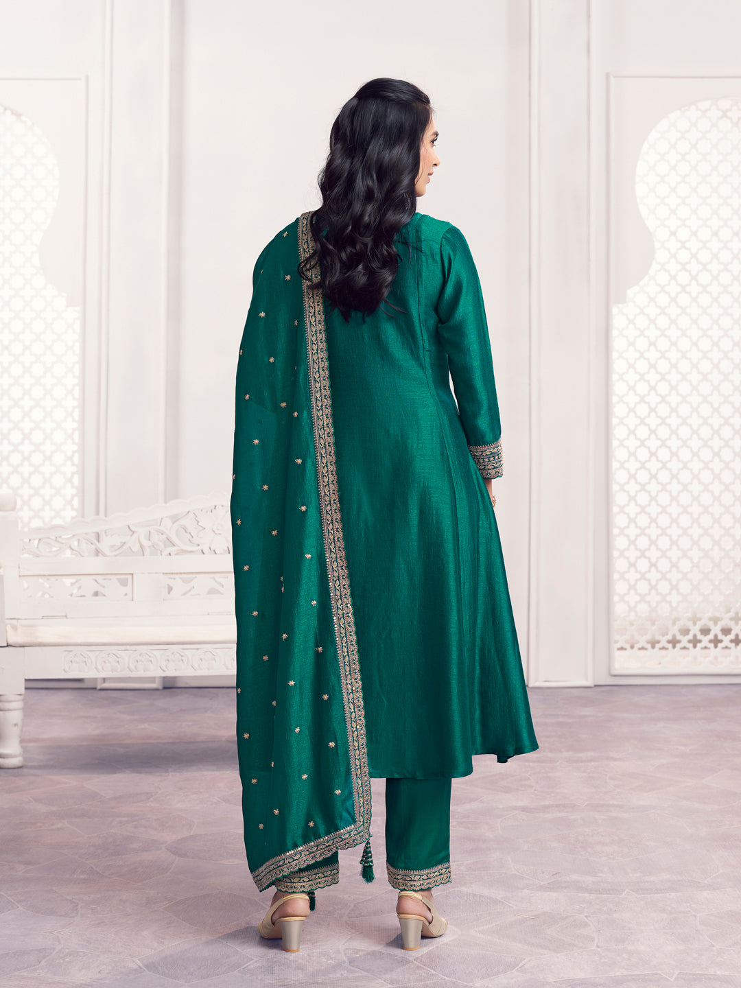 Green Embroidery A-Line Kurta With Dyed Trousers And Embroidery Dupatta
