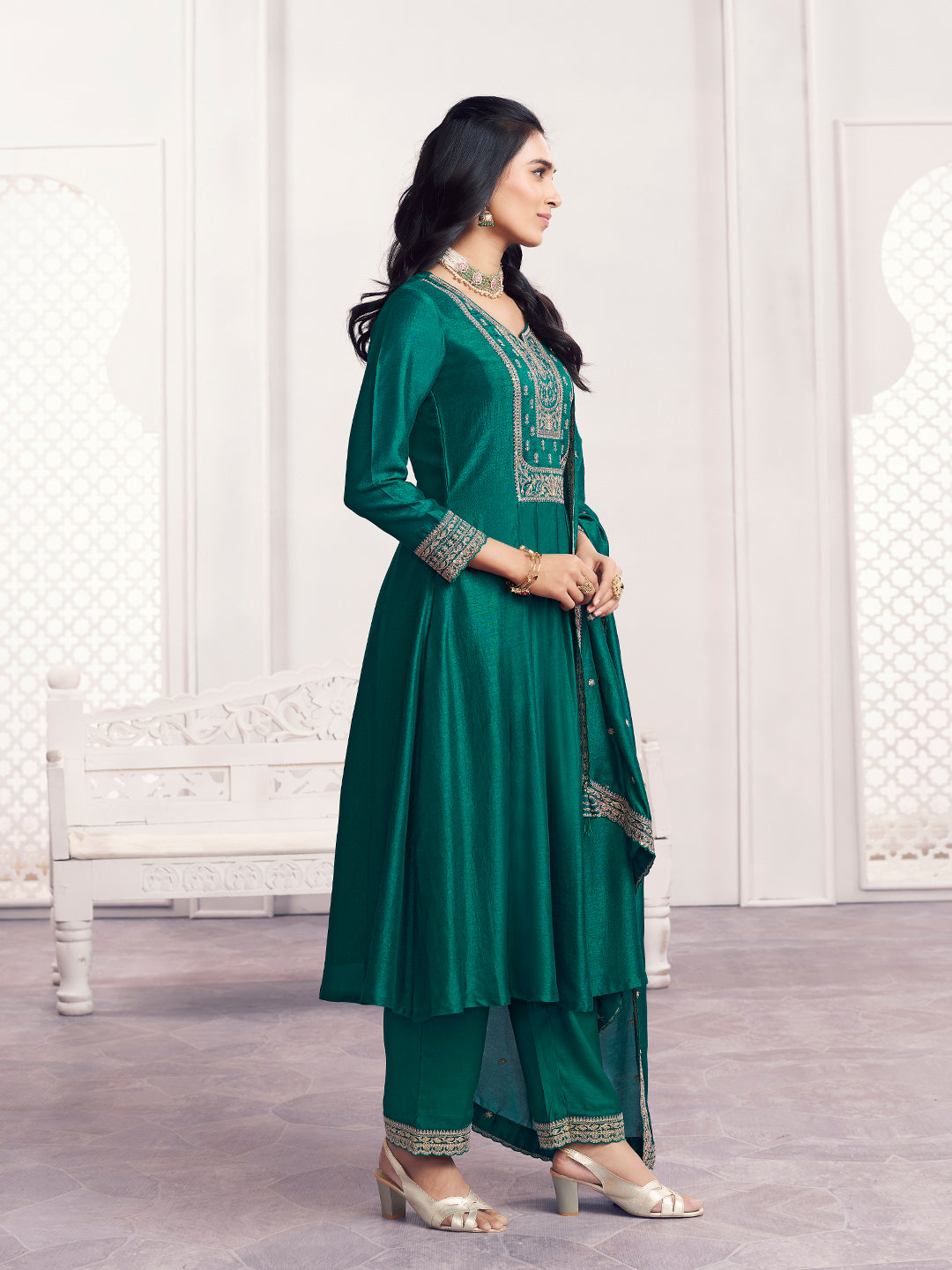 Green Embroidery A-Line Kurta With Dyed Trousers And Embroidery Dupatta