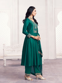 Green Embroidery A-Line Kurta With Mina Work And Dyed Trousers And Embroidery Dupatta