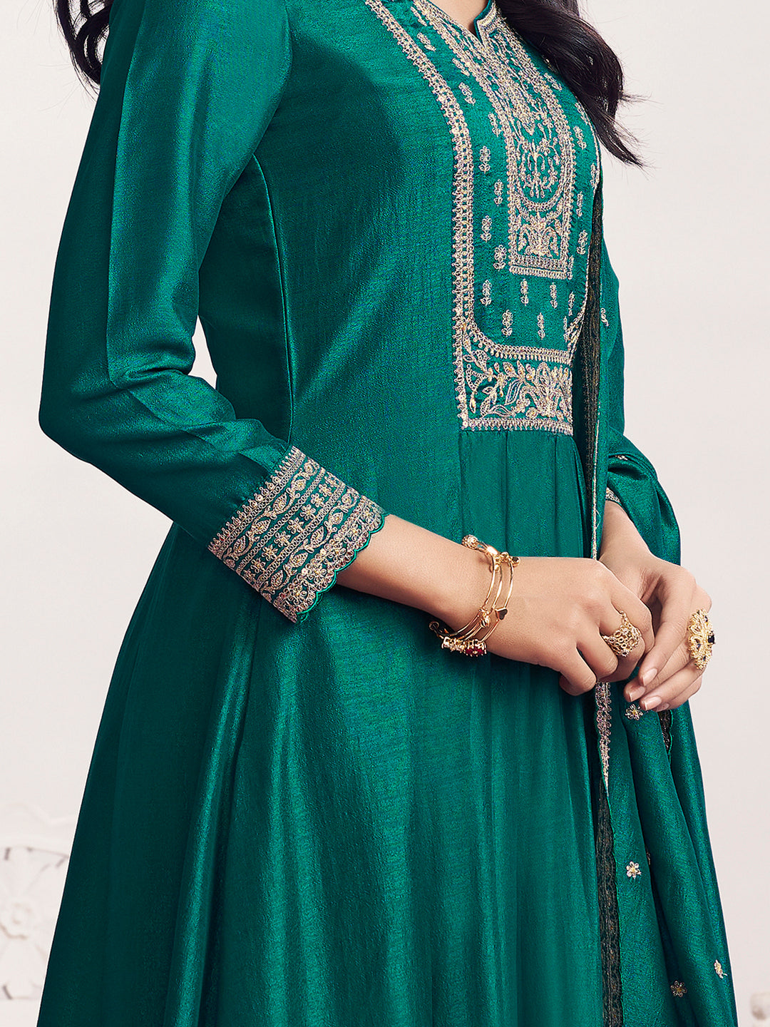 Green Embroidery A-Line Kurta With Dyed Trousers And Embroidery Dupatta