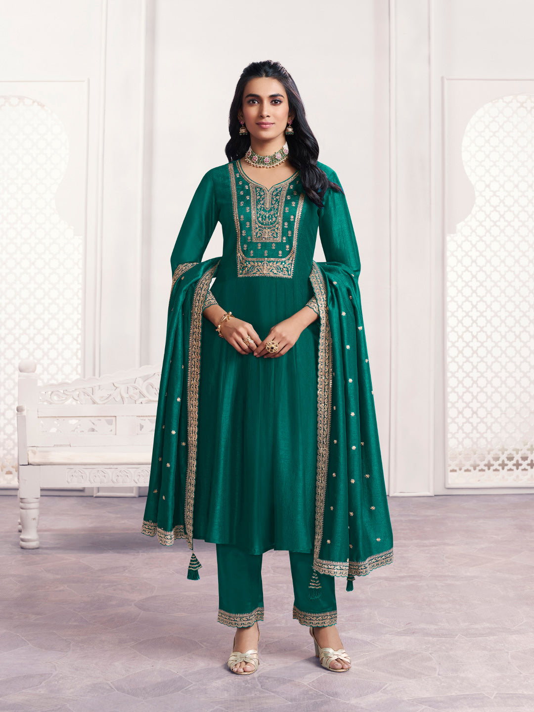 Green Embroidery A-Line Kurta With Dyed Trousers And Embroidery Dupatta