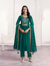 Green Embroidery A-Line Kurta With Mina Work And Dyed Trousers And Embroidery Dupatta