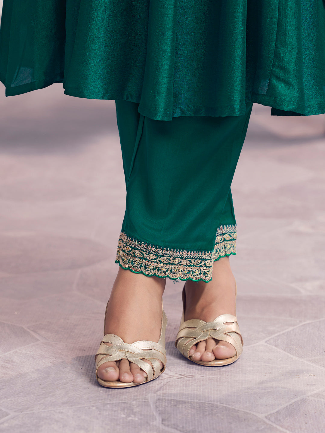 Green Embroidery A-Line Kurta With Dyed Trousers And Embroidery Dupatta
