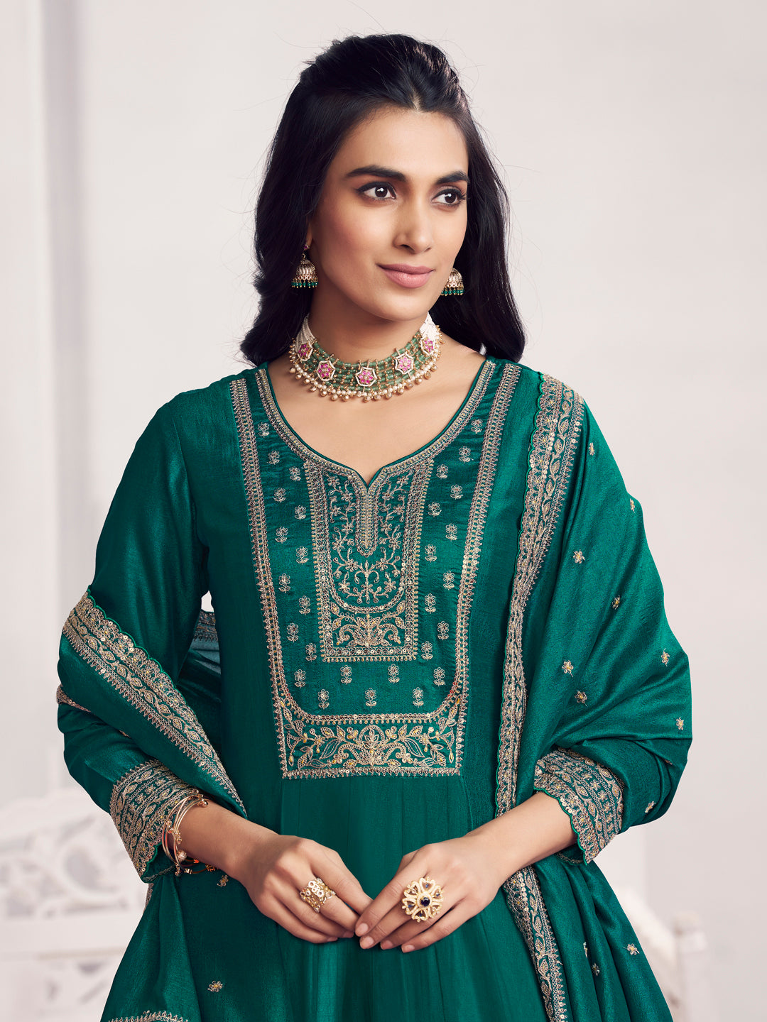 Green Embroidery A-Line Kurta With Dyed Trousers And Embroidery Dupatta