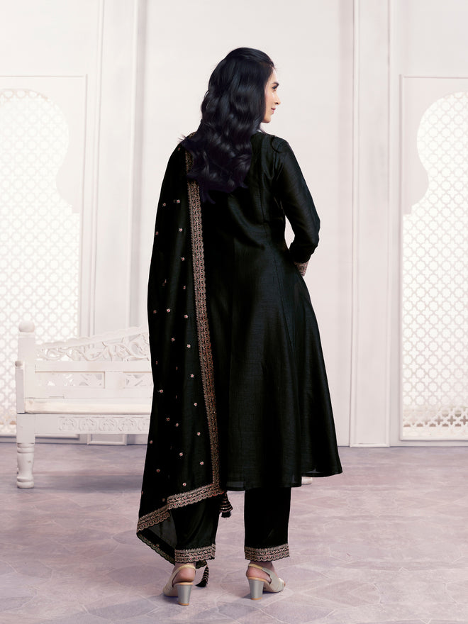 Black Embroidery A-Line Kurta With Dyed Trousers And Embroidery Dupatta