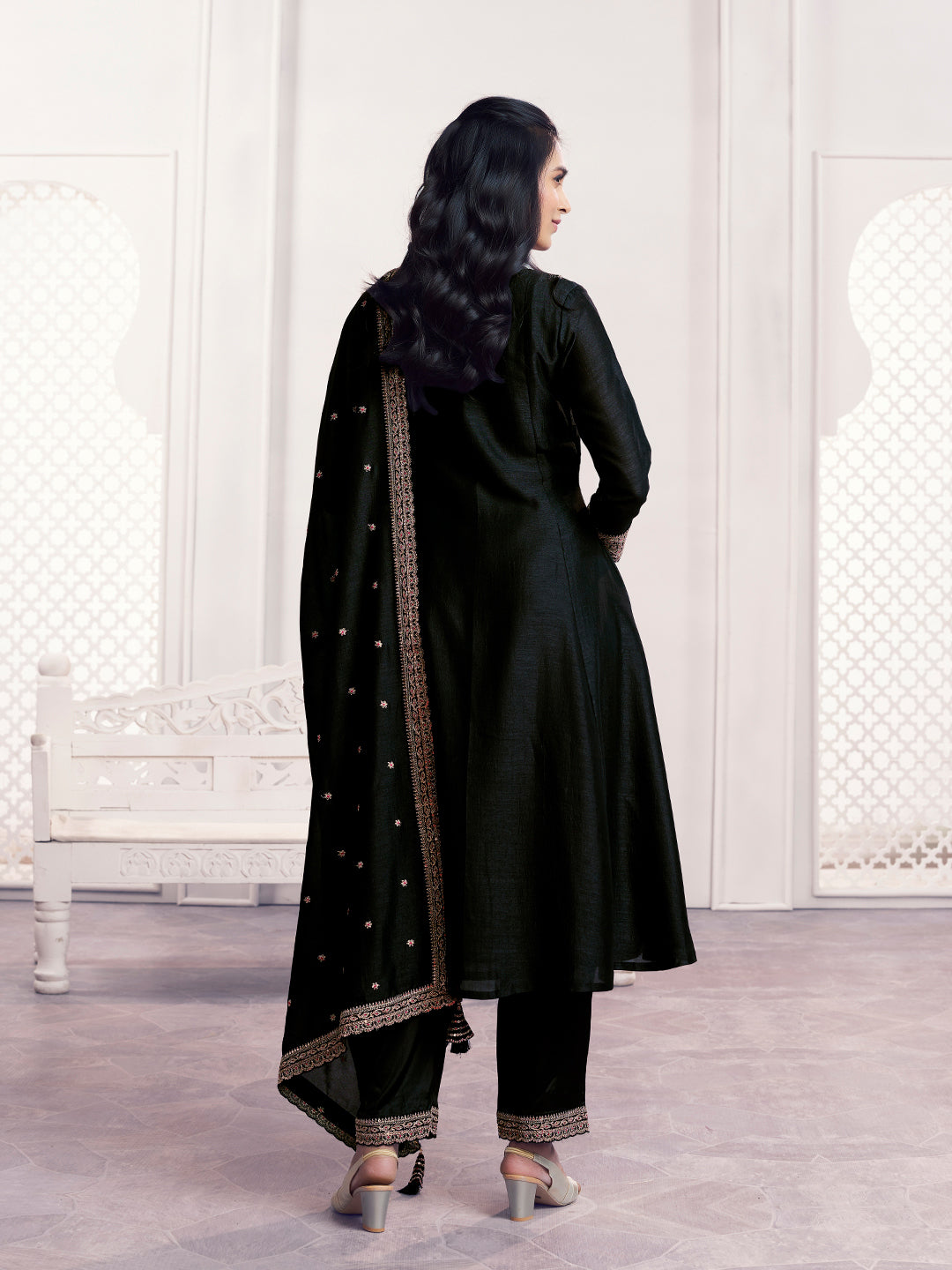 Black Embroidery A-Line Kurta With Dyed Trousers And Embroidery Dupatta