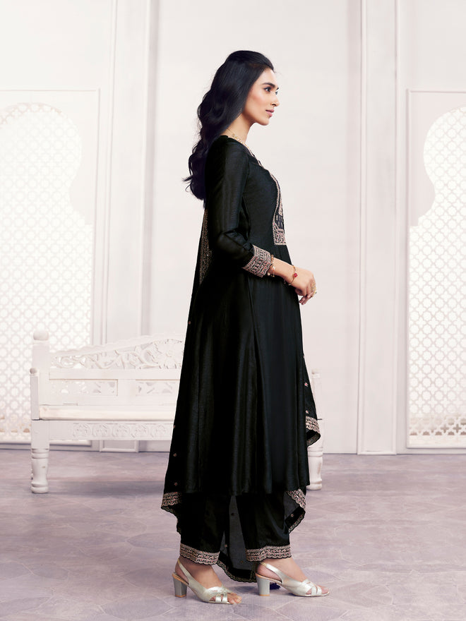 Black Embroidery A-Line Kurta With Dyed Trousers And Embroidery Dupatta