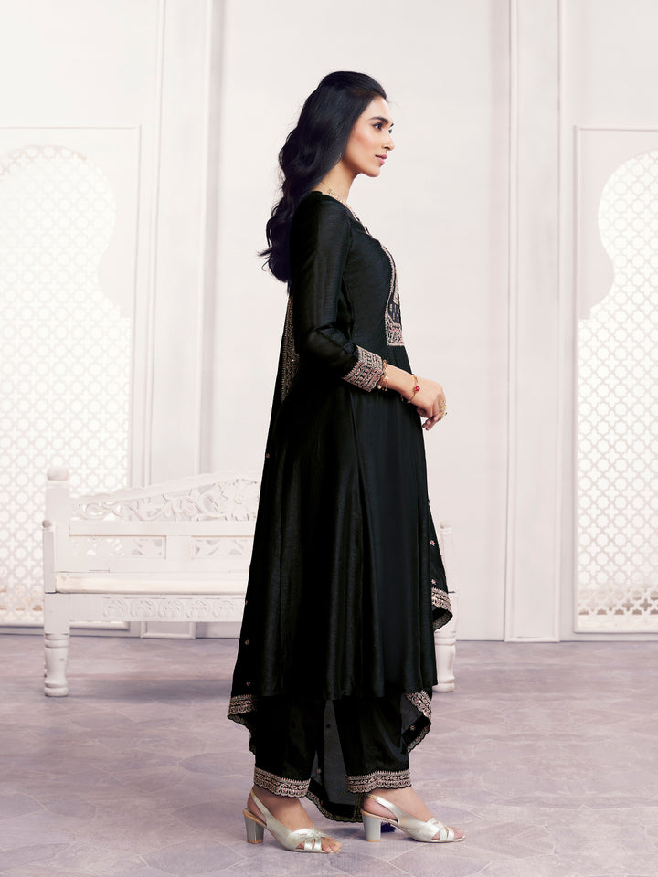 Black Embroidery A-Line Kurta With Dyed Trousers And Embroidery Dupatta