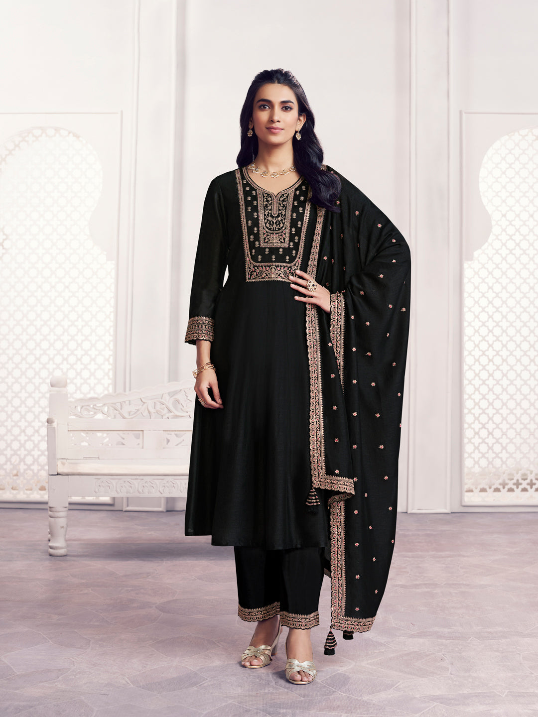 Black Embroidery A-Line Kurta With Dyed Trousers And Embroidery Dupatta