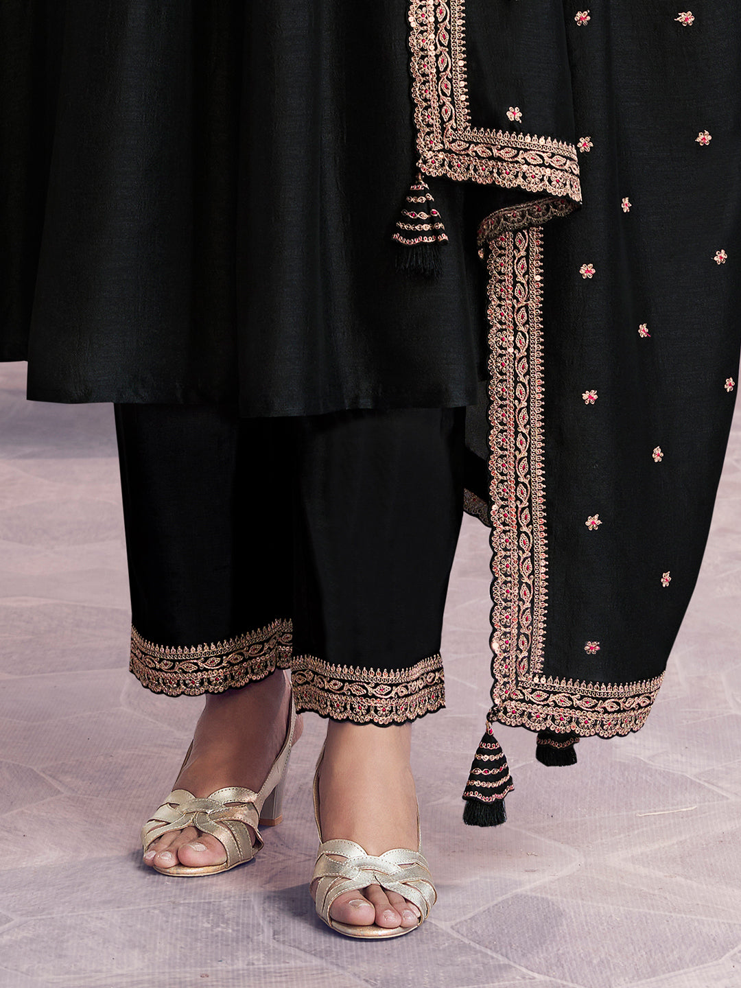 Black Embroidery A-Line Kurta With Dyed Trousers And Embroidery Dupatta