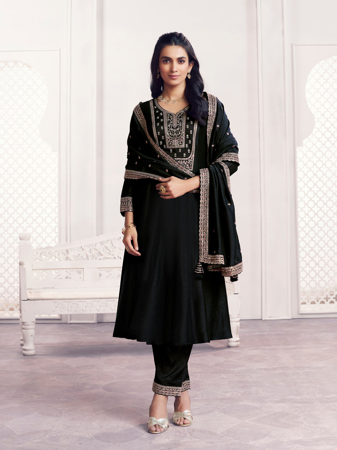 Black Embroidery A-Line Kurta With Dyed Trousers And Embroidery Dupatta