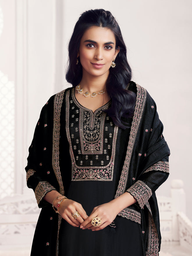 Black Embroidery A-Line Kurta With Dyed Trousers And Embroidery Dupatta