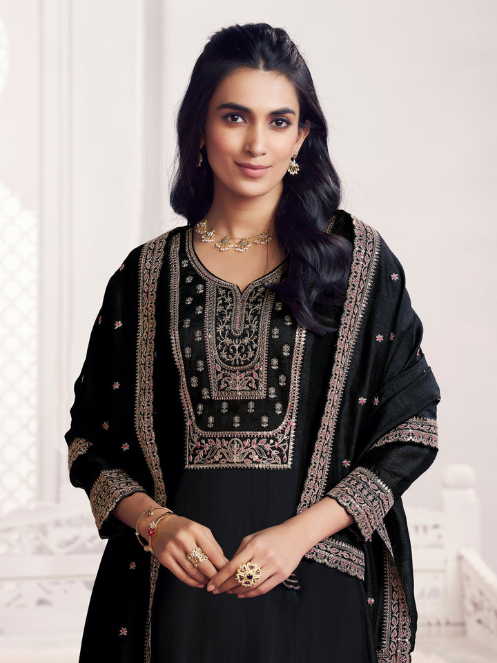 Black Embroidery A-Line Kurta With Dyed Trousers And Embroidery Dupatta