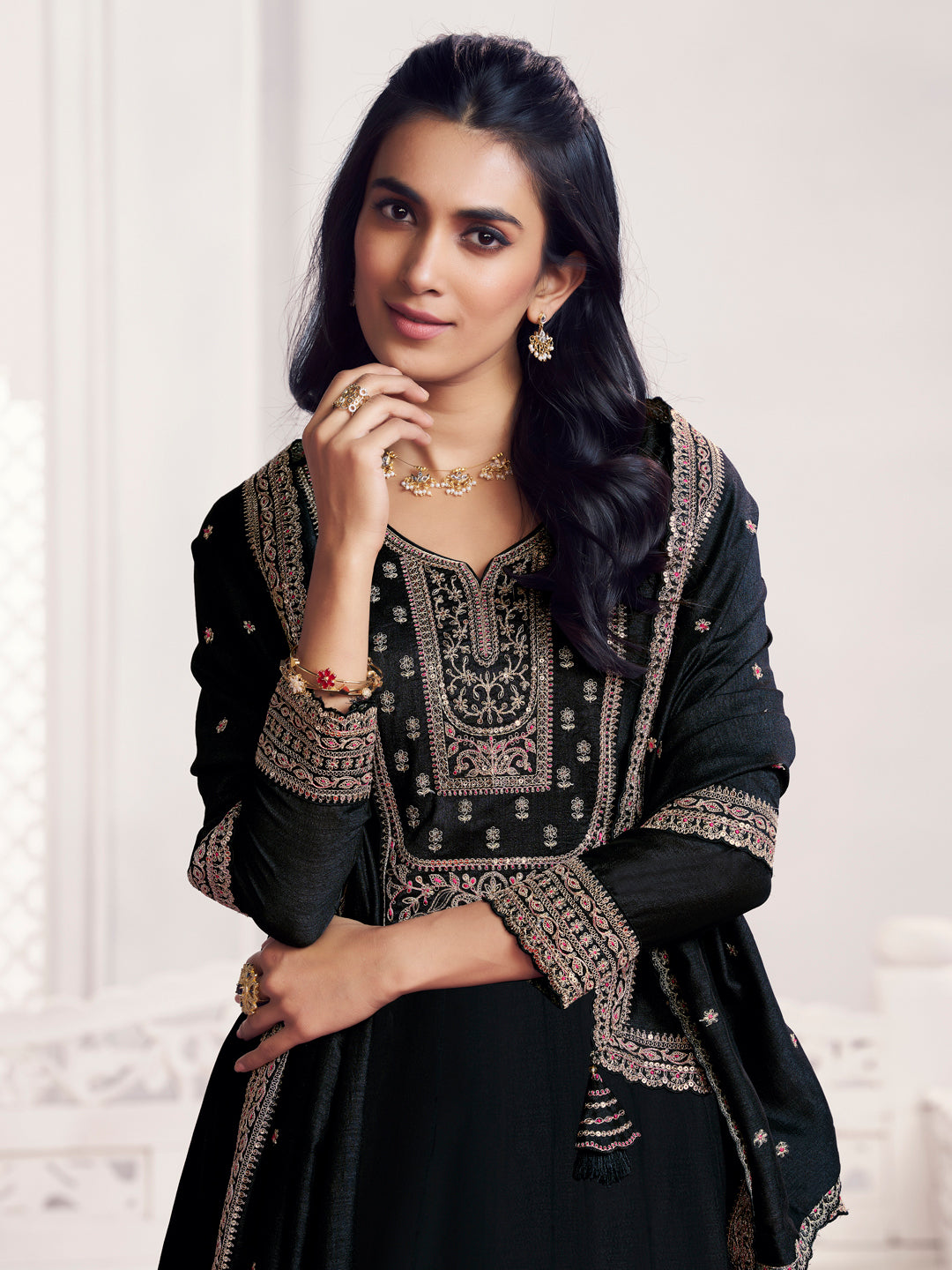 Black Embroidery A-Line Kurta With Dyed Trousers And Embroidery Dupatta