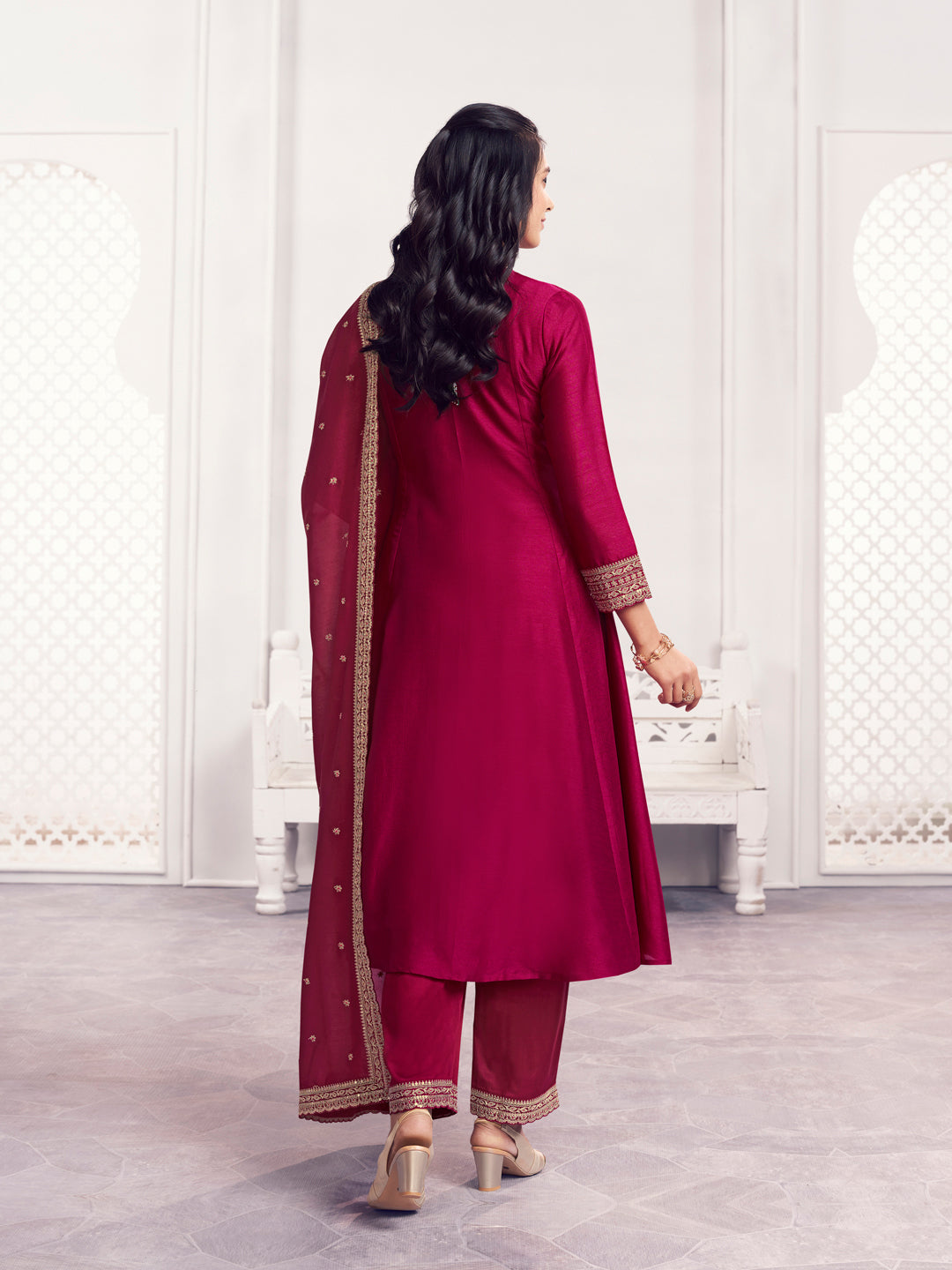 Maroon Embroidery A-Line Kurta With Dyed Trousers And Embroidery Dupatta