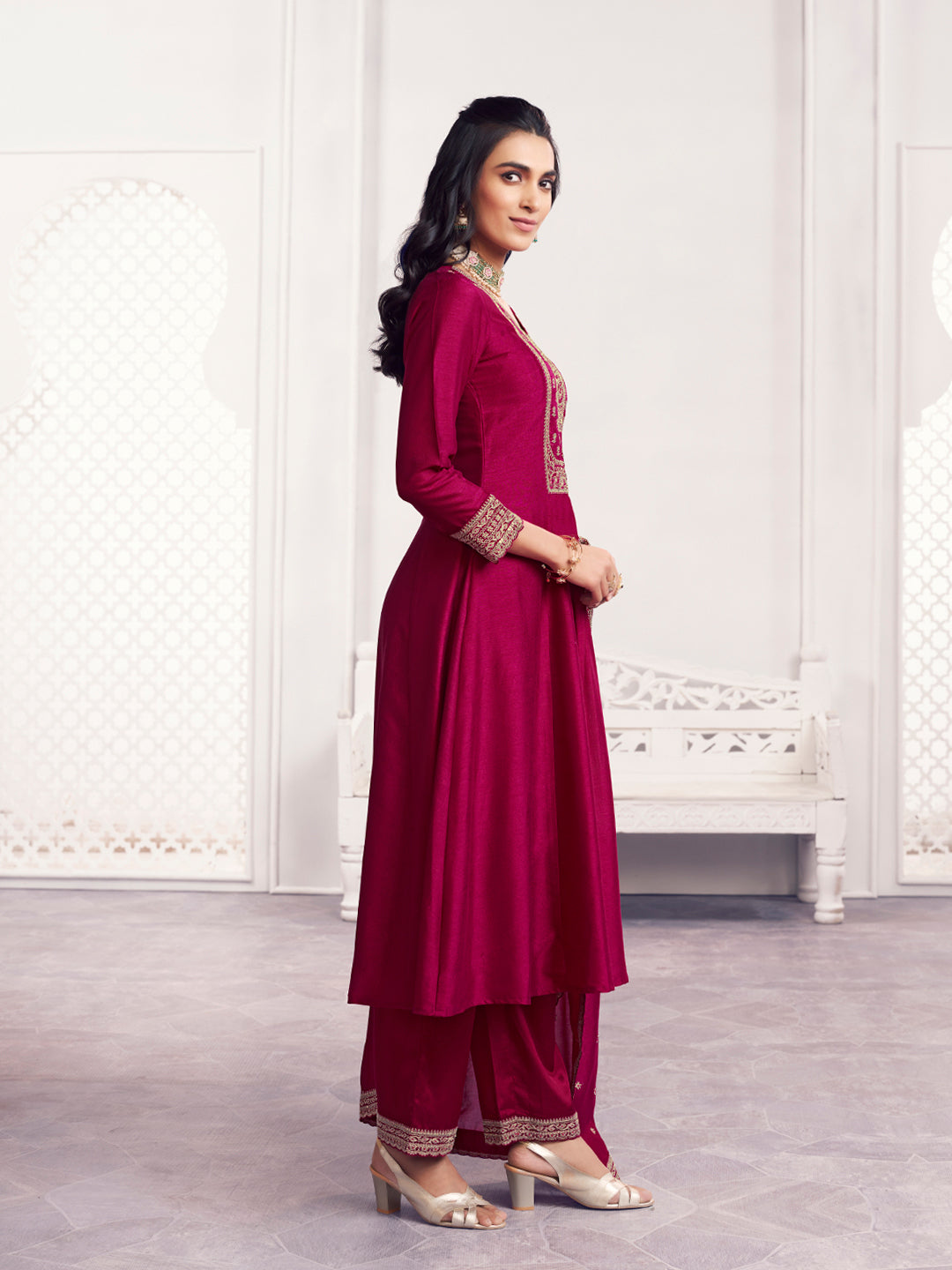 Maroon Embroidery A-Line Kurta With Dyed Trousers And Embroidery Dupatta