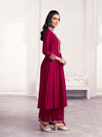 Maroon Embroidery A-Line Kurta With Dyed Trousers And Embroidery Dupatta