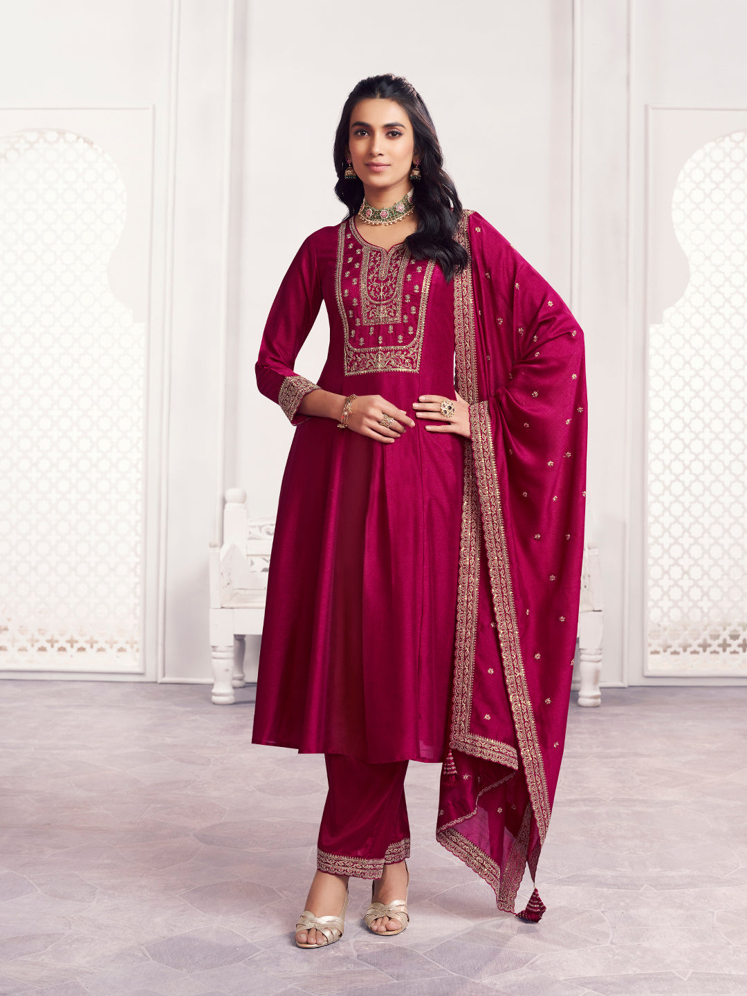 Maroon Embroidery A-Line Kurta With Dyed Trousers And Embroidery Dupatta