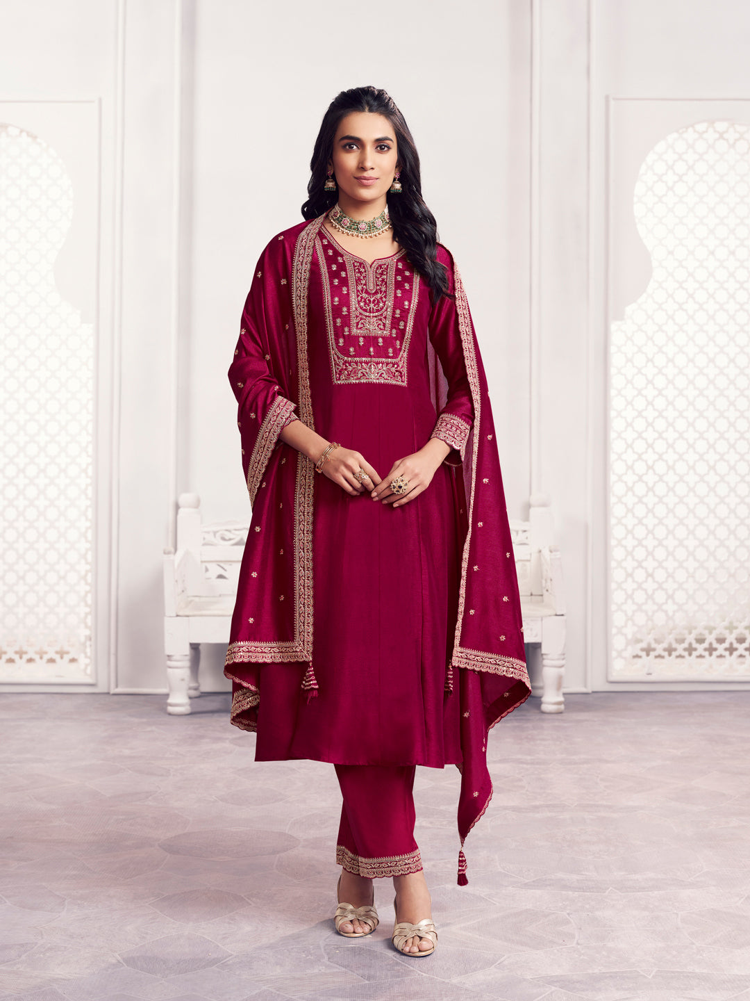 Maroon Embroidery A-Line Kurta With Dyed Trousers And Embroidery Dupatta