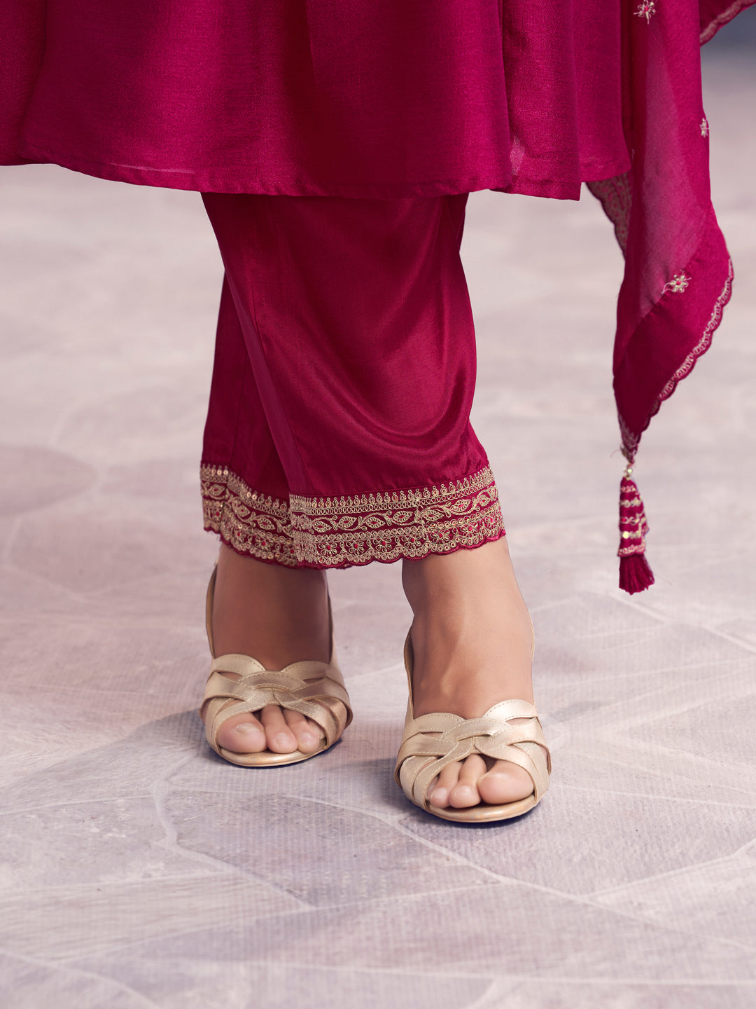 Maroon Embroidery A-Line Kurta With Dyed Trousers And Embroidery Dupatta