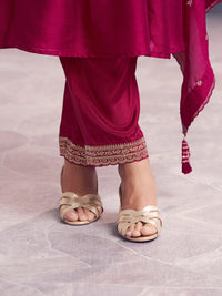 Maroon Embroidery A-Line Kurta With Dyed Trousers And Embroidery Dupatta