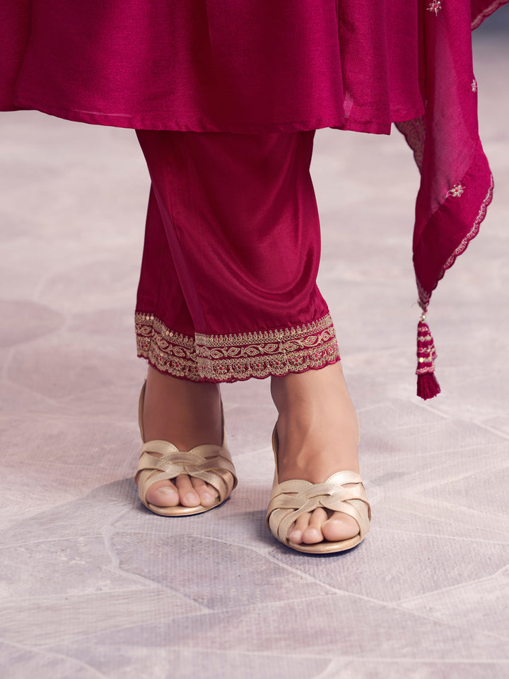 Maroon Embroidery A-Line Kurta With Dyed Trousers And Embroidery Dupatta