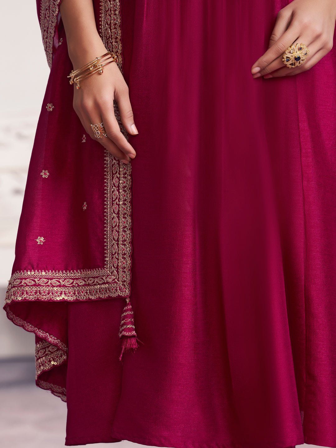 Maroon Embroidery A-Line Kurta With Dyed Trousers And Embroidery Dupatta
