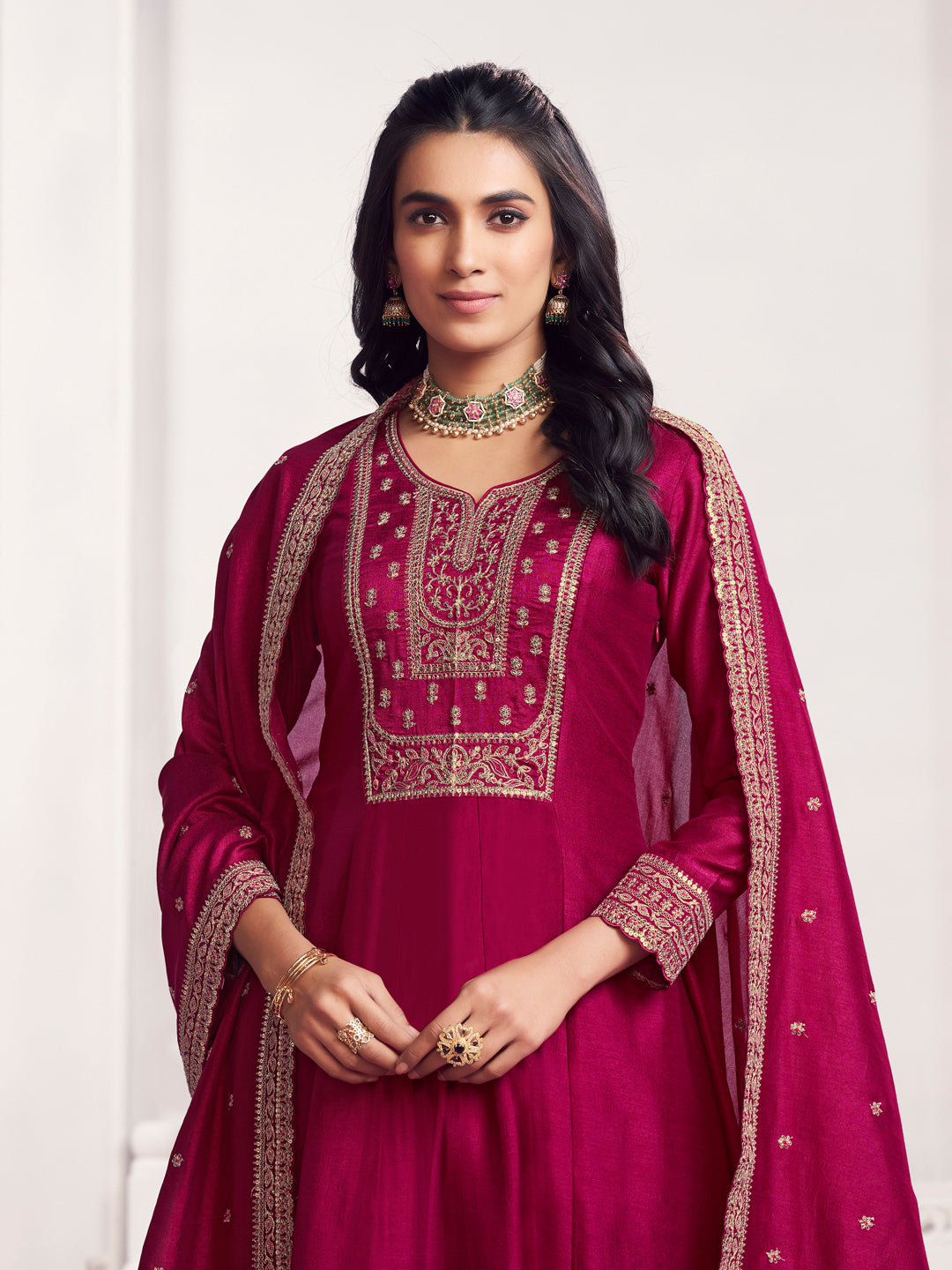 Maroon Embroidery A-Line Kurta With Dyed Trousers And Embroidery Dupatta