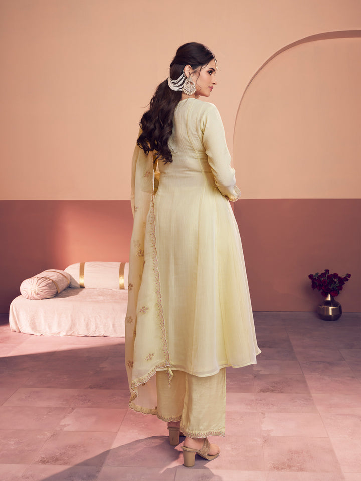 Off-White Embroidery A-Line Kurta With Dyed Trousers And Embroidery Dupatta