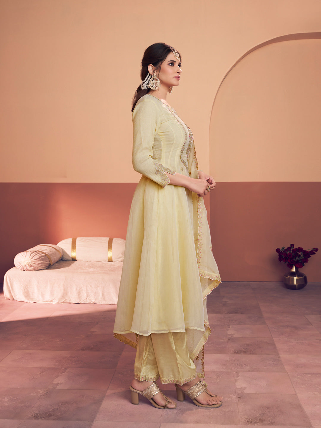 Off-White Embroidery A-Line Kurta With Dyed Trousers And Embroidery Dupatta