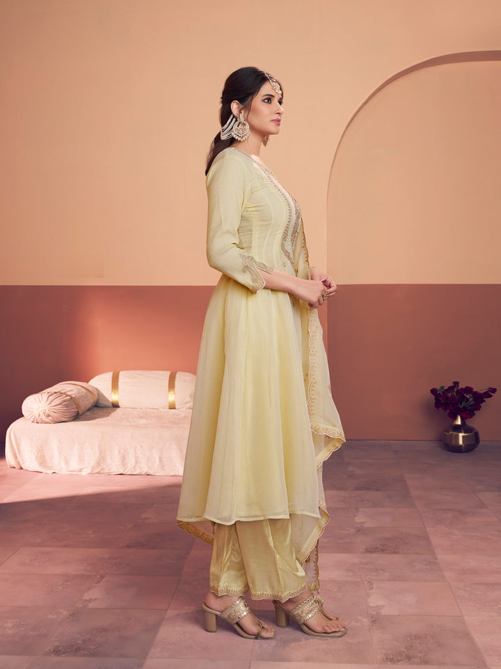 Off-White Embroidery A-Line Kurta With Dyed Trousers And Embroidery Dupatta