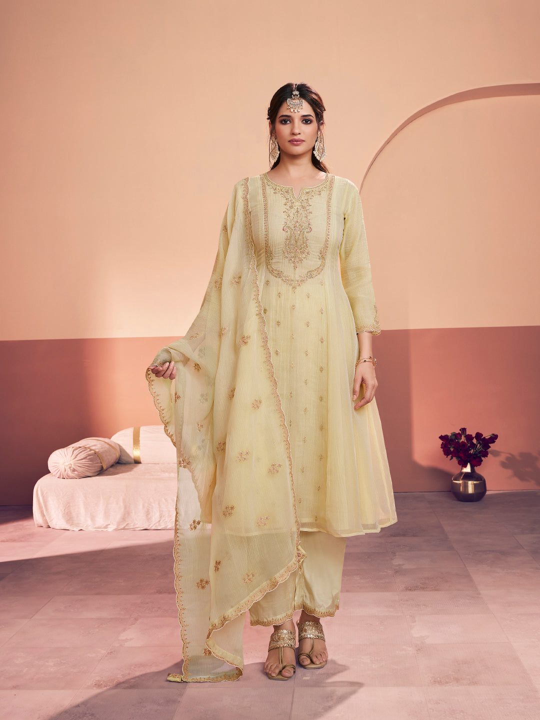Off-White Embroidery A-Line Kurta With Dyed Trousers And Embroidery Dupatta