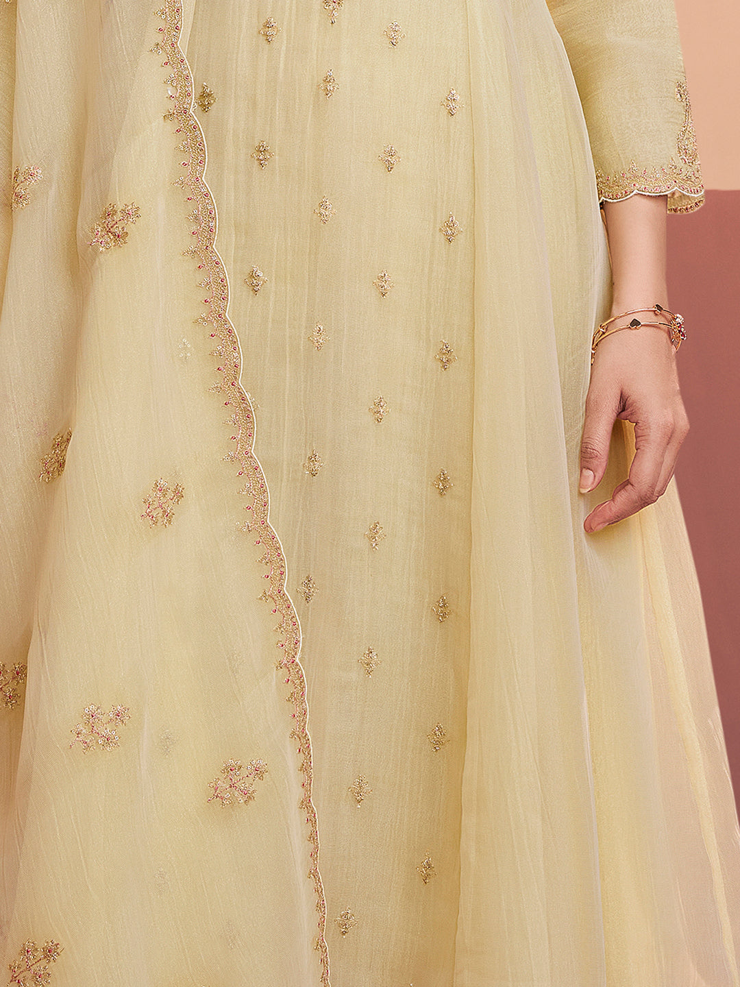 Off-White Embroidery A-Line Kurta With Dyed Trousers And Embroidery Dupatta