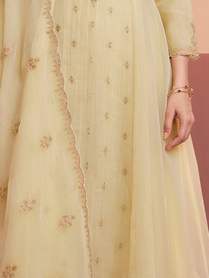 Off-White Embroidery A-Line Kurta With Dyed Trousers And Embroidery Dupatta