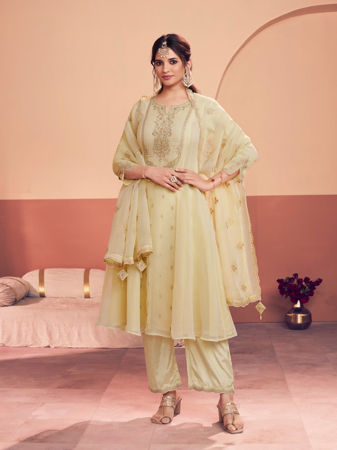Off-White Embroidery A-Line Kurta With Dyed Trousers And Embroidery Dupatta