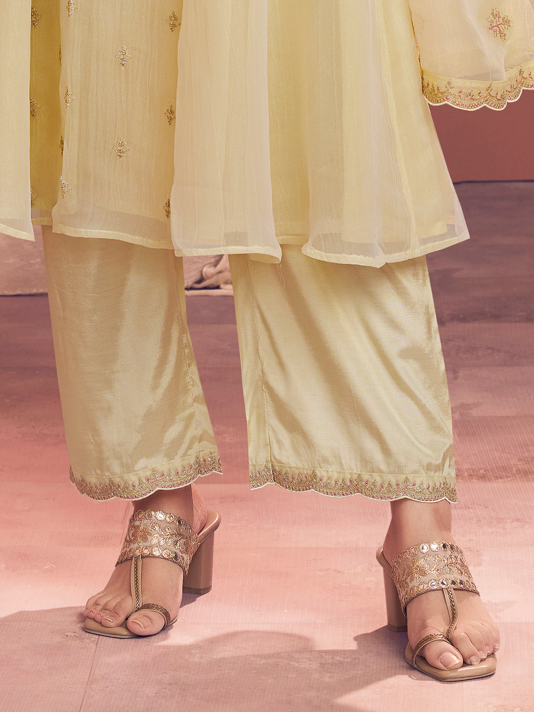 Off-White Embroidery A-Line Kurta With Dyed Trousers And Embroidery Dupatta