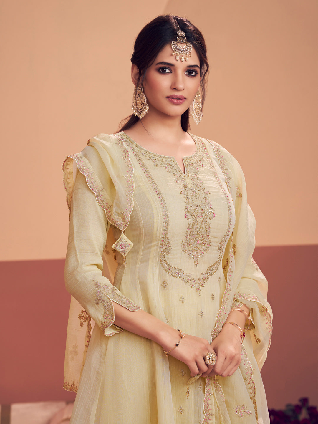 Off-White Embroidery A-Line Kurta With Dyed Trousers And Embroidery Dupatta