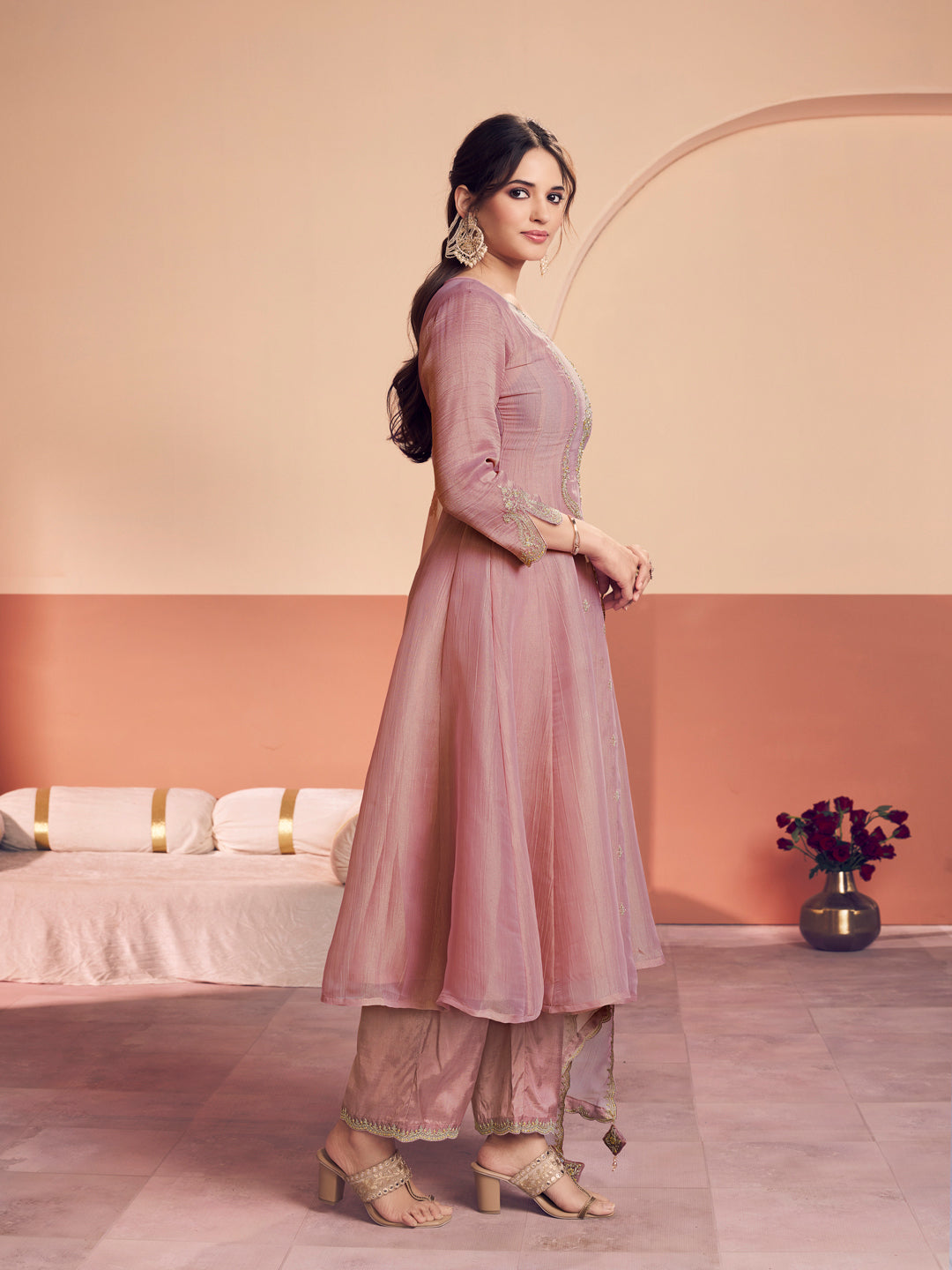 Pink Embroidery A-Line Kurta With Dyed Trousers And Embroidery Dupatta