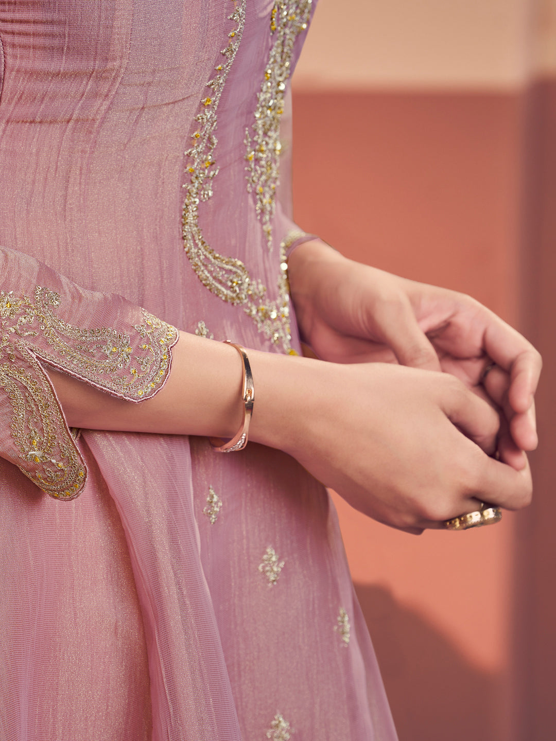 Pink Embroidery A-Line Kurta With Dyed Trousers And Embroidery Dupatta