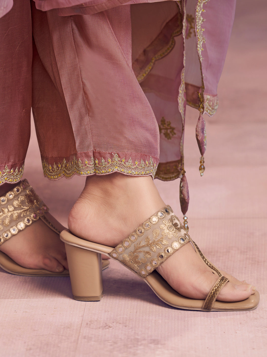 Pink Embroidery A-Line Kurta With Dyed Trousers And Embroidery Dupatta