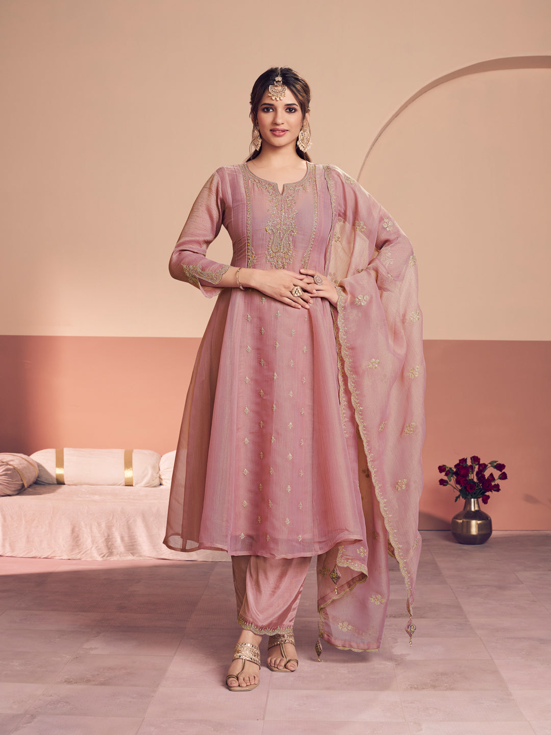 Pink Embroidery A-Line Kurta With Dyed Trousers And Embroidery Dupatta