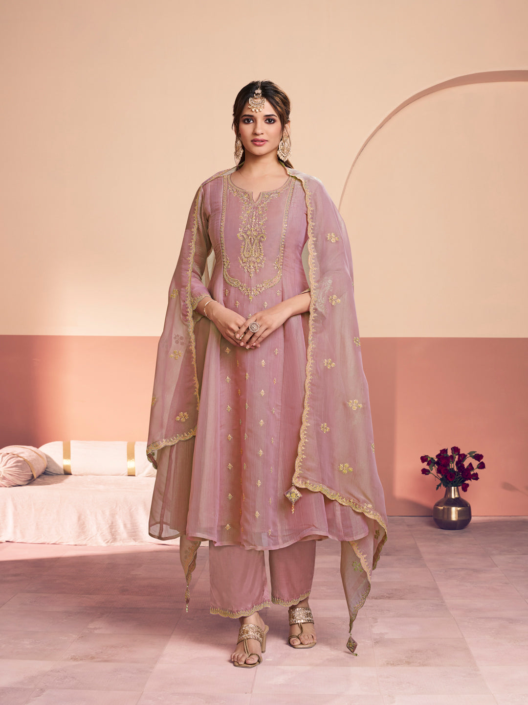 Pink Embroidery A-Line Kurta With Dyed Trousers And Embroidery Dupatta