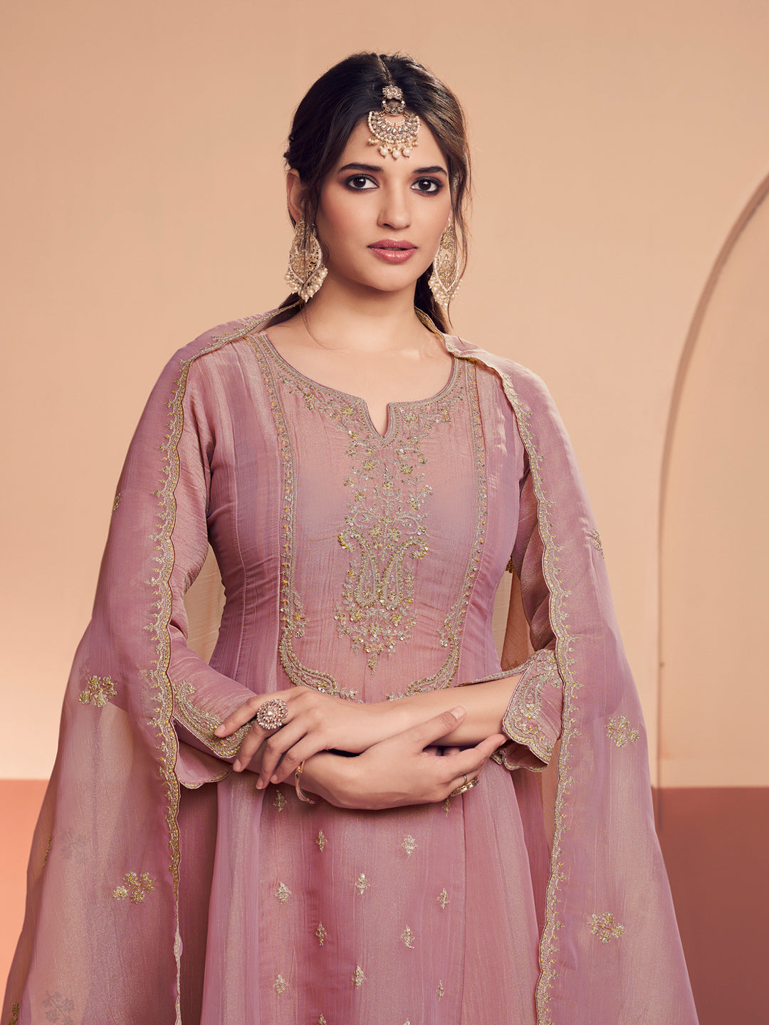 Pink Embroidery A-Line Kurta With Dyed Trousers And Embroidery Dupatta