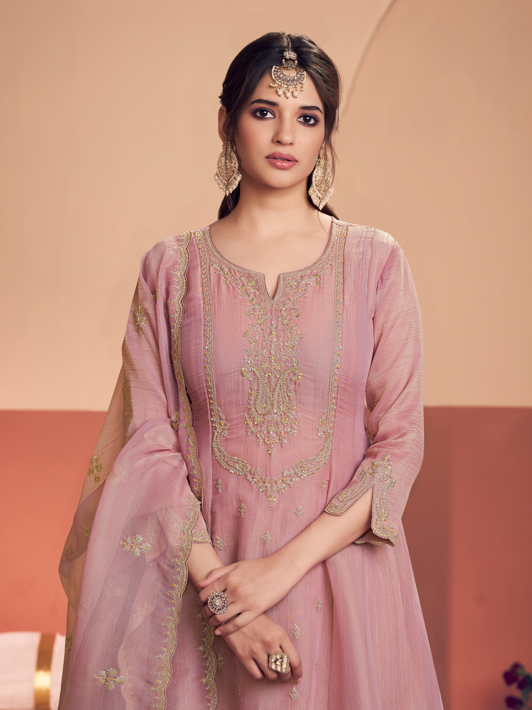 Pink Embroidery A-Line Kurta With Dyed Trousers And Embroidery Dupatta